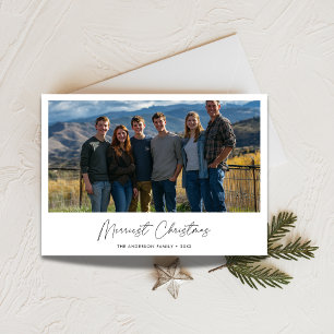 Black White Script Merriest Christmas Family Photo Holiday Card