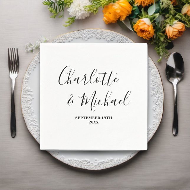 Black & White Script Minimalist Wedding Napkin (Creator Uploaded)