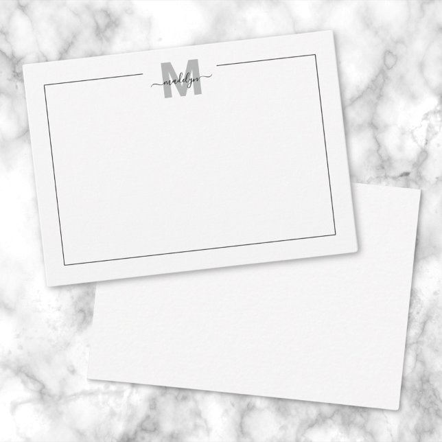 Black White Script Monogram Card (Black White Script Calligraphy Name Monogram Note Card)