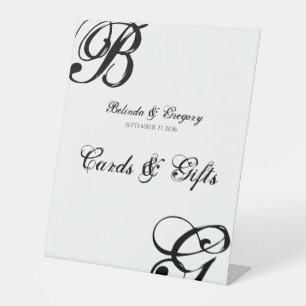 Black & White Script Monogram Wedding Cards Gifts Pedestal Sign