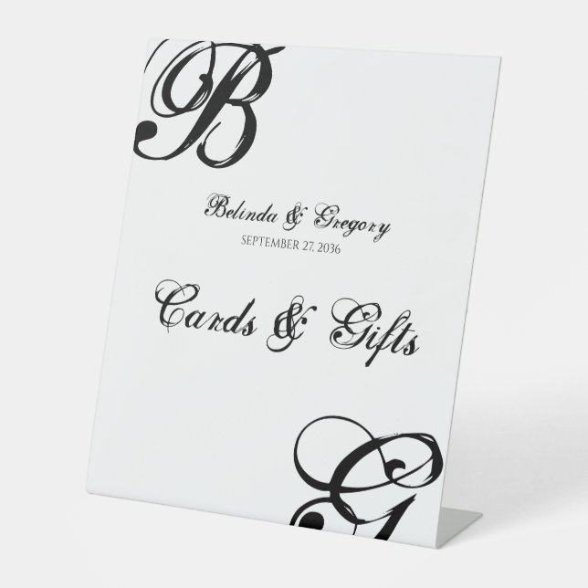 Black & White Script Monogram Wedding Cards Gifts Pedestal Sign (Front)