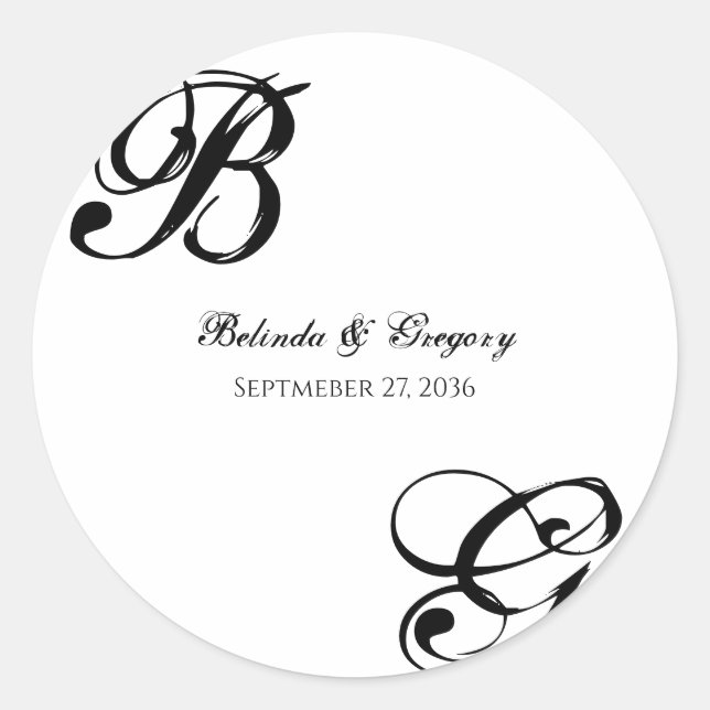 Black & White Script Monogram Wedding Classic Round Sticker (Front)
