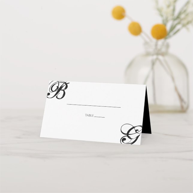 Black &amp; White Script Monogram Wedding Place Card (Front)