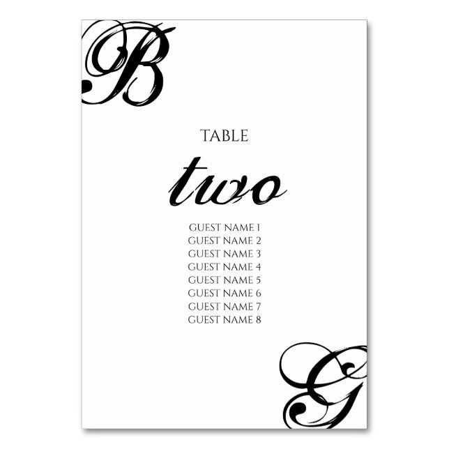 Black & White Script Monogram Wedding  Table Number (Front)