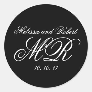 Black White Script Monograms Wedding Favour Sticke Classic Round Sticker