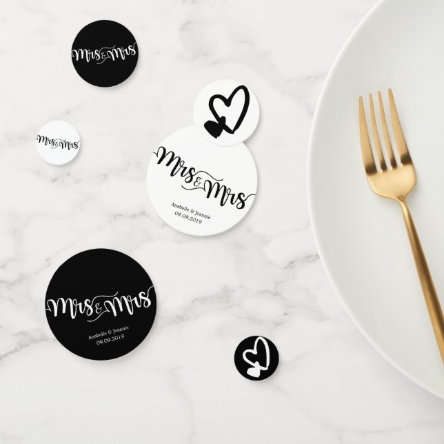 Black & White Script Mrs. and Mrs. Hearts Wedding Confetti (Group)
