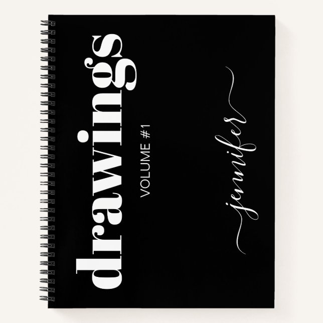 Black White Script Name Personalised Sketchbook Notebook (Front)