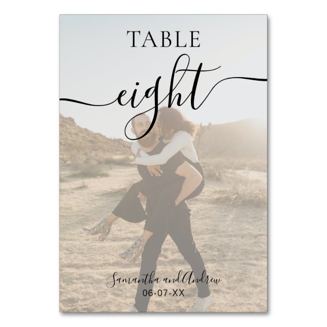Black white script names photos wedding table number (Front)