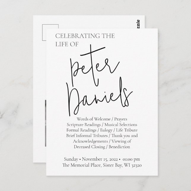 Black & White Script Photo Funeral Postcard (Front/Back)