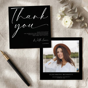 Black White Script Photo Graduation Thank You Card