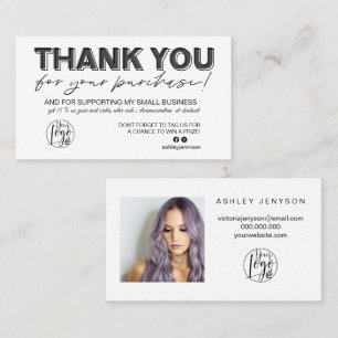 Black white script photo logo order thank you business card