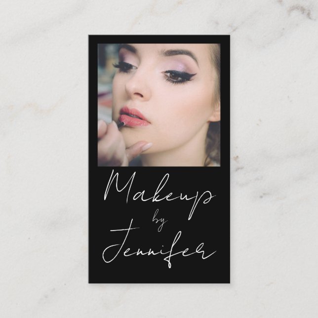 Black White Script Photo Makeup Business Card (Front)