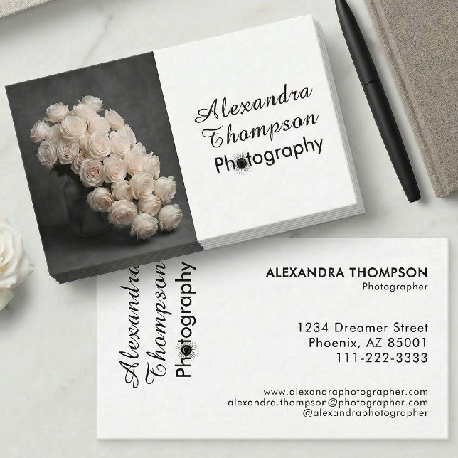Black White Script Photo Photographer Business Card (Creator Uploaded)