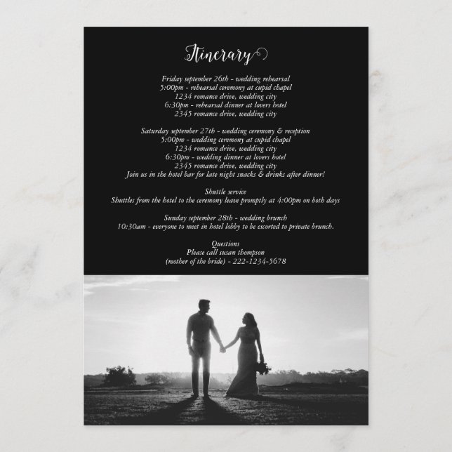 Black & White Script Photo Wedding Itinerary Programme (Back)