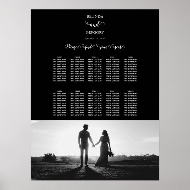 Black & White Script Photo Wedding Seating Chart (Front)