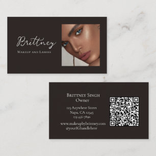 Black White Script QR Code Photo Makeup Business Card