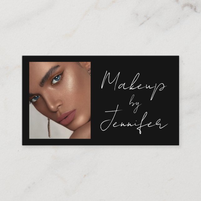 Black White Script QR Code Photo Makeup Business Card (Front)