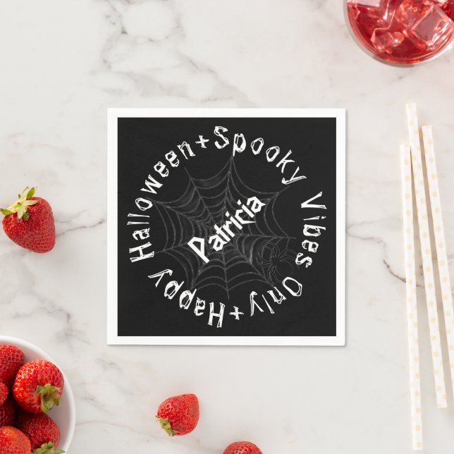 Black White Script Spooky Modern Happy Halloween Napkin (Insitu)