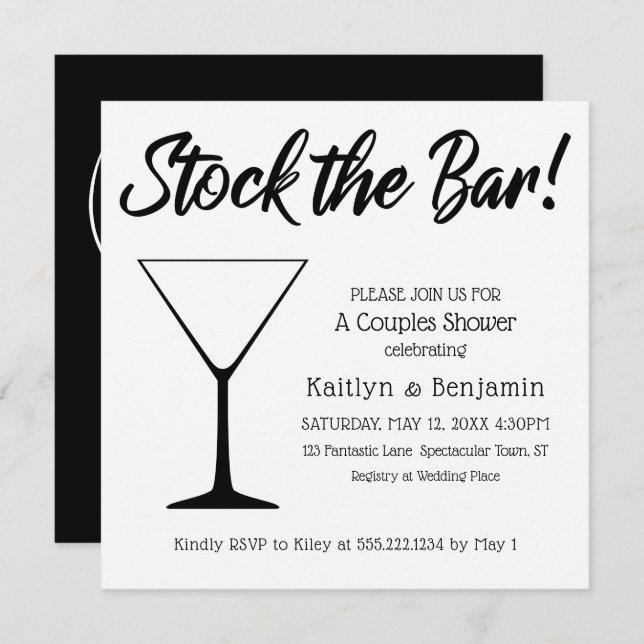 Black/White Script Stock the Bar Couples Shower Invitation (Front/Back)