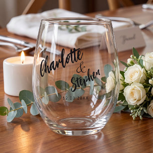 Black white script wedding custom Stemless Wine Glass