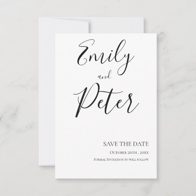 Black White Script Wedding Save The Date Card (Front)