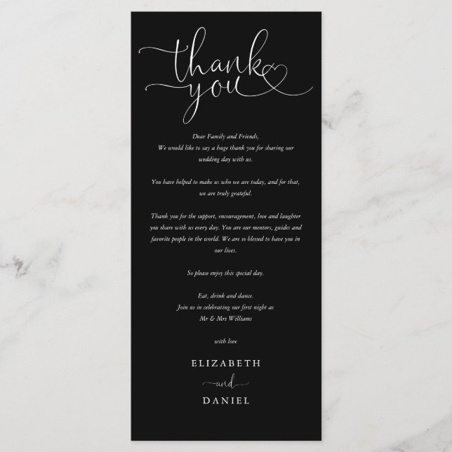 Black White Script Wedding Thank You Place Card (Front)