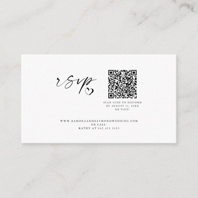 Black & White Script Wedding Website QR Code Enclosure Card (Front)