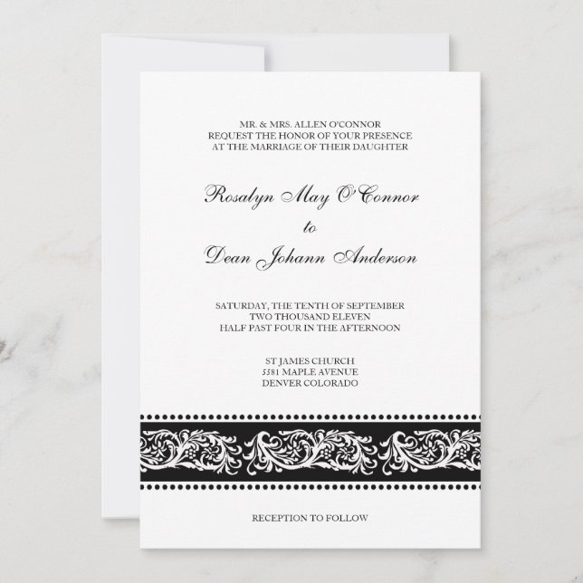 Black & white scroll elegant wedding invitation (Front)