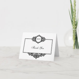 Black white scroll frame monogram thank you note card