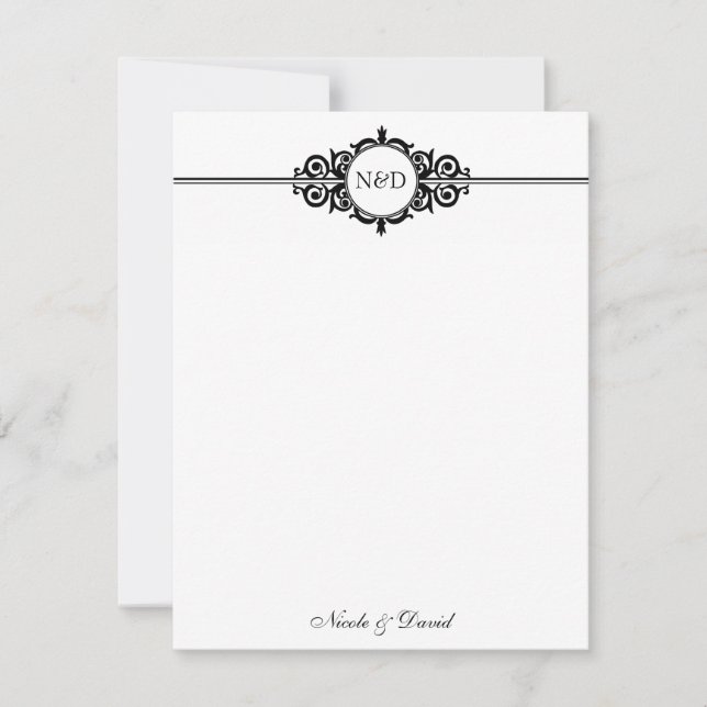 Black white scroll monogram thank you note flat card (Front)