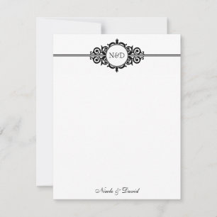 Black white scroll monogram thank you note flat card