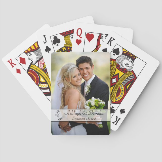 Black, White Scroll Wedding Photo Playing Cards (Back)