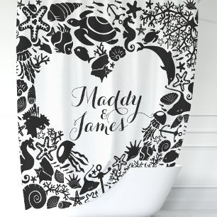Black & White Sea Creatures Couples Heart Monogram Shower Curtain