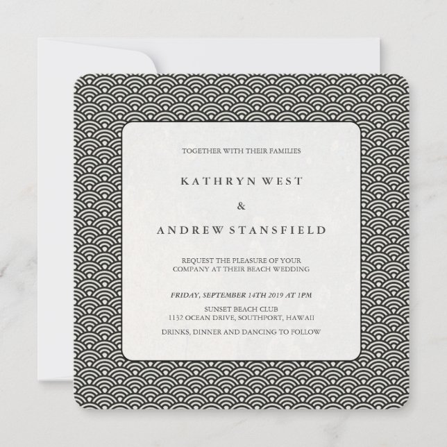 Black + White Seigaiha Pattern Wedding Invitation (Front)