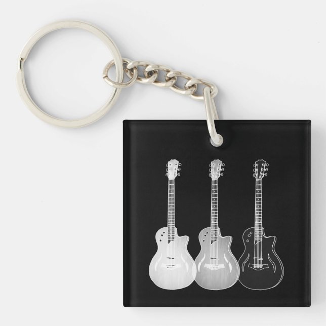 Black & White Semi Acoustic Guitar Monochrome Art Key Ring (Front)