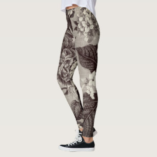 Black White Sepia Brown Vintage Floral Toile Leggings