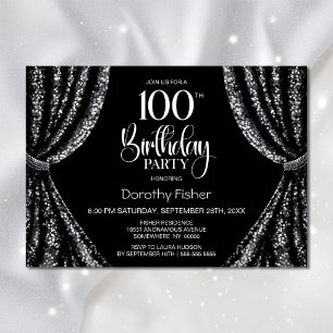 Black White Sequin Curtain 100th Birthday Party Invitation