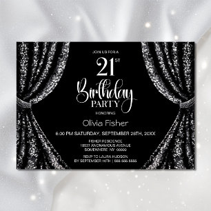 Black White Sequin Curtain 21st Birthday Party Invitation