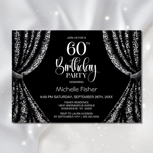 Black White Sequin Curtain 60th Birthday Party Invitation (Creator Uploaded)