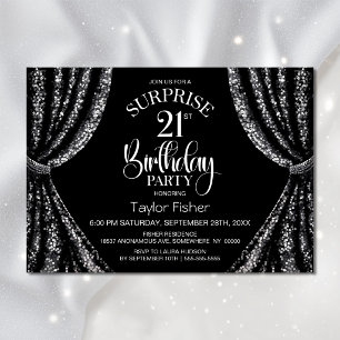 Black White Sequin Curtain Surprise 21st Birthday Invitation