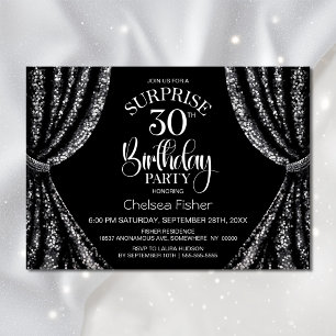 Black White Sequin Curtain Surprise 30th Birthday Invitation