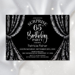 Black White Sequin Curtain Surprise 65th Birthday Invitation