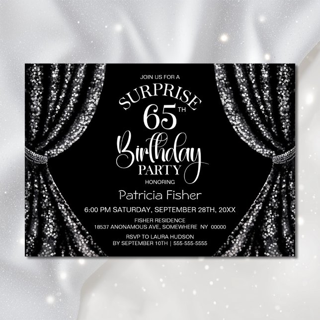 Black White Sequin Curtain Surprise 65th Birthday Invitation (Creator Uploaded)