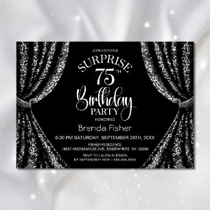 Black White Sequin Curtain Surprise 75th Birthday Invitation