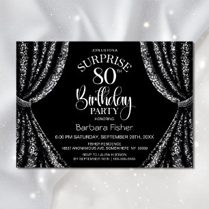 Black White Sequin Curtain Surprise 80th Birthday Invitation