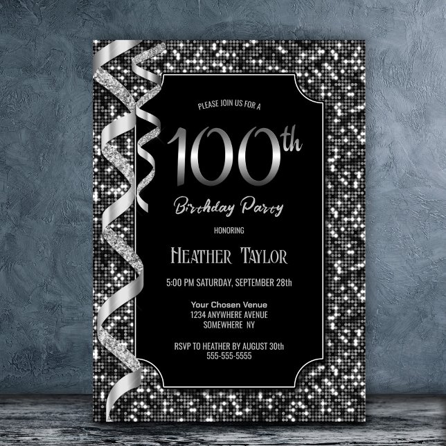 Black White Sequins 100th Birthday Party Invitation (Creator Uploaded)