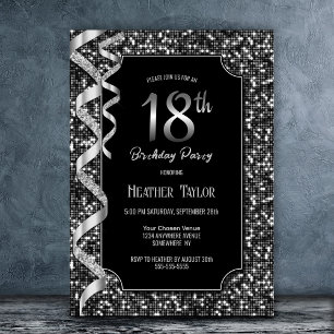 Black White Sequins 18th Birthday Party Invitation