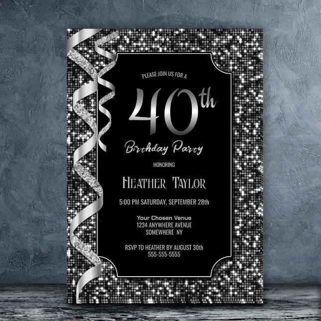 Black White Sequins 40th Birthday Party Invitation (Creator Uploaded)