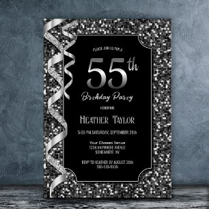 Black White Sequins 55th Birthday Party Invitation