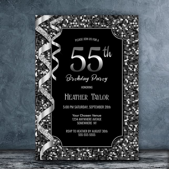 Black White Sequins 55th Birthday Party Invitation (Creator Uploaded)